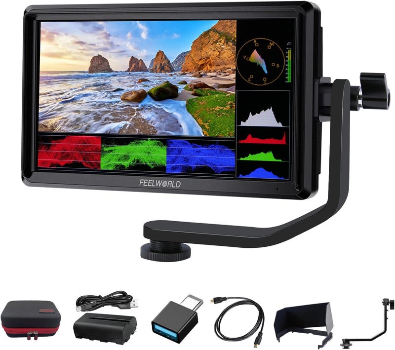 Feelworld S55 V3 6 Inch DSLR Camera Field Monitor Bundle - FHD IPS Screen, 4K HDMI in/Out, Tilt Arm, Power Output, Battery & Carry Case Included - Image 1